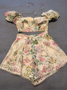 Zimmermann Cream Eyelet Floral High-Waist Shorts Set